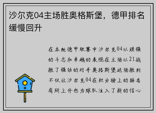 沙尔克04主场胜奥格斯堡，德甲排名缓慢回升