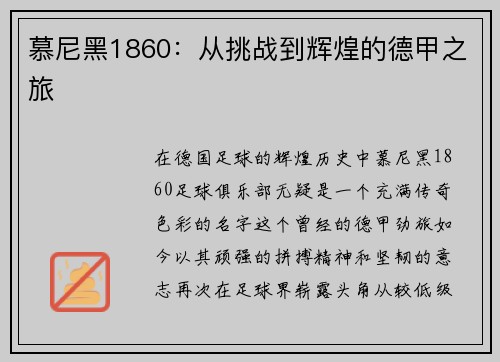 慕尼黑1860：从挑战到辉煌的德甲之旅