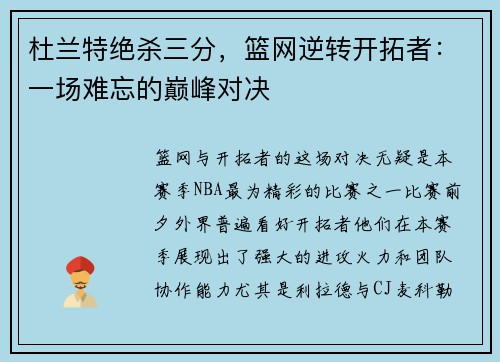 杜兰特绝杀三分，篮网逆转开拓者：一场难忘的巅峰对决