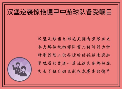 汉堡逆袭惊艳德甲中游球队备受瞩目